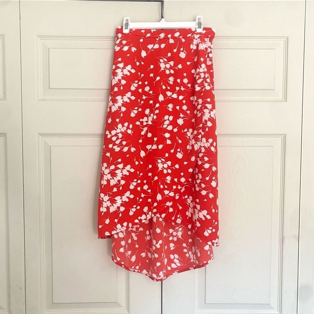 J. Crew red and white floral print tulip high low midi skirt